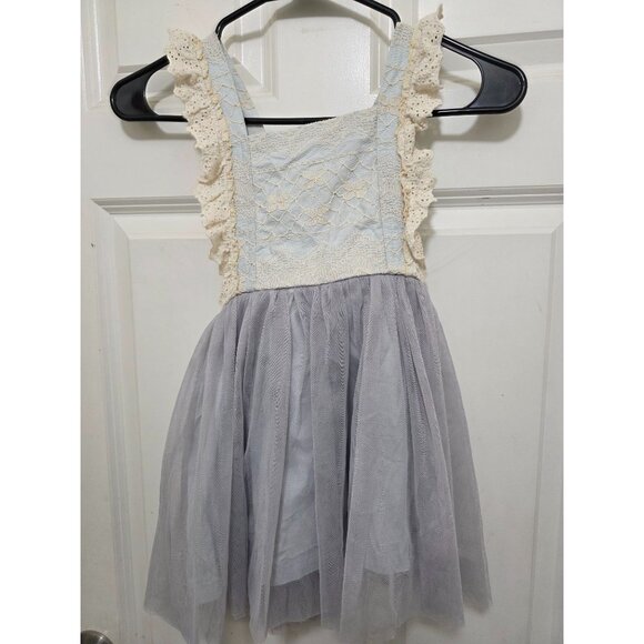 Little Trendsetter Girld Lace & Tulle Party Dress Ruffle Straps Light Blue/Cream - Picture 1 of 6